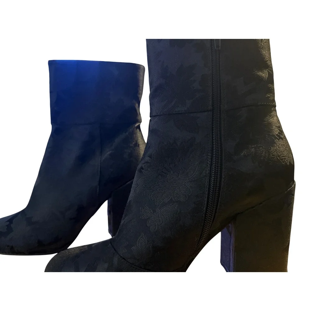 Steve Madden Black Floral Jacquard Block Heel Ankle Boots Women's Zipper Fashion